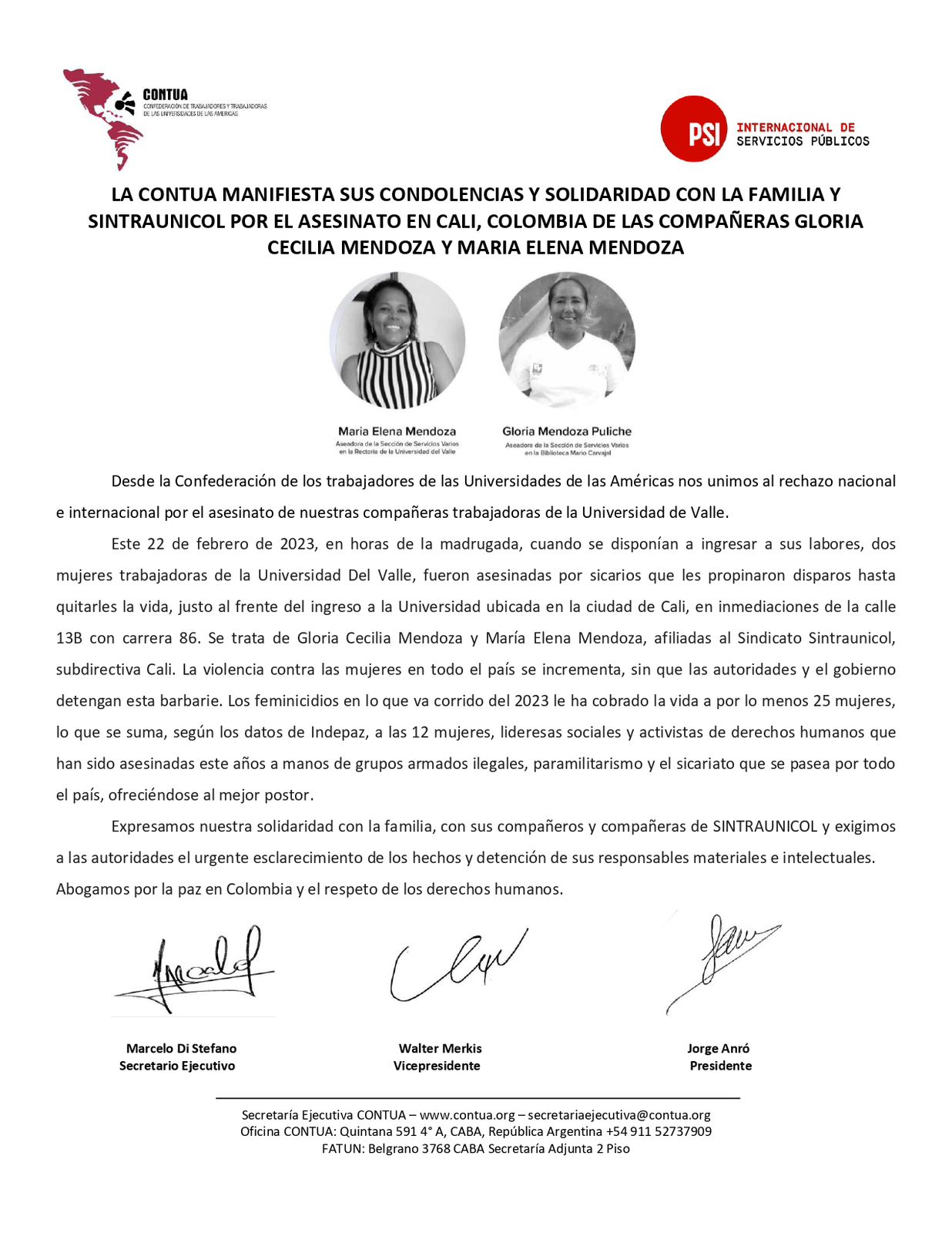 cuntua manifiesta condolencias